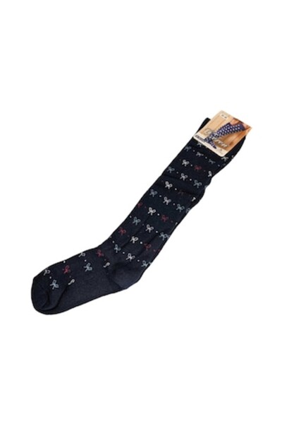 Vadodara Extra Long Women's Cotton Terry Socks Sub Knee, Navy with Bow Print, Size 35-40 EU