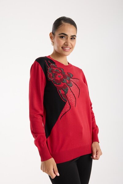 Moda Days Women's Red Crew Neck Stone Embroidered Knitwear Sweater