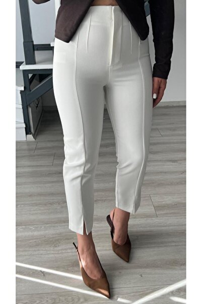 Oslove White Slit-Leg Lycra Fabric Trousers