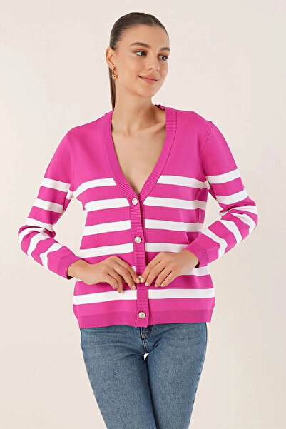 hazelin Women's Pink Striped V-Neck Relaxed Fit Knitwear Cardigan Hzl25W-Bd1102151