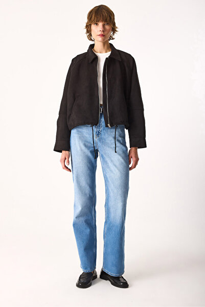 VENA Regular Fit Crop Suede Jacket-Black