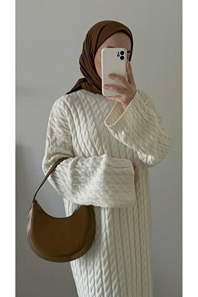 Icon Kadın Bisiklet Yaka Saç Örgülü Triko Midi Elbise