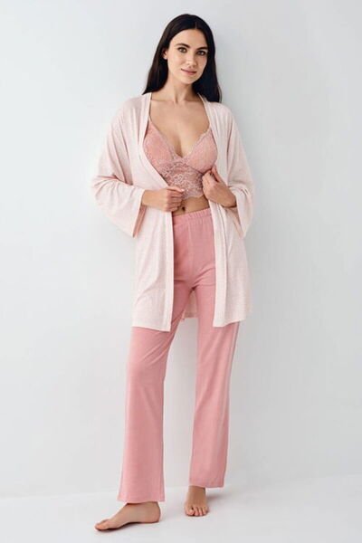 Arnetta Üçlü Ev Giyim Set, Full Dantelli, İp Askılı, Kurdele Bağlamalı, Cepli, %50 Pamuk, %50 Modal, Pembe