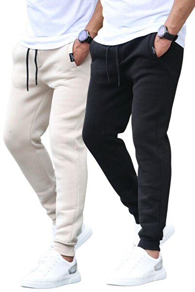 Madmext Ανδρικό αθλητικό παντελόνι μπεζ/μαύρο Basic 2 Pack E7444