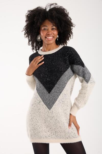 Moda Days Women's Ecru Two-Tone Crew Neck Glitter Knit Sweater
