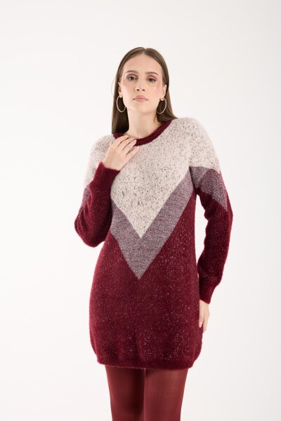 Moda Days Women's Burgundy Two-Tone Crew Neck Glitter Knit Sweater