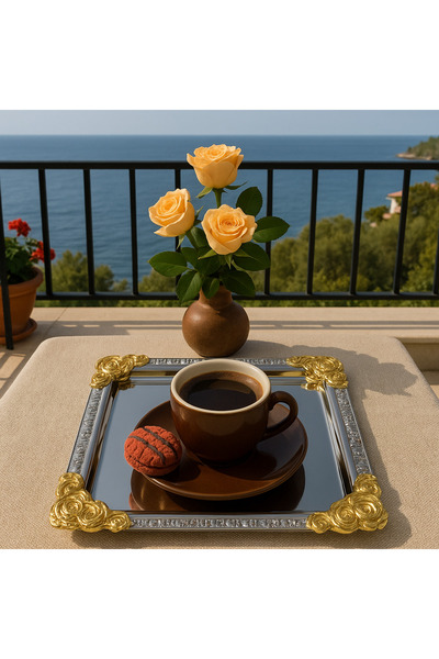 EvLight Silver Serving Tray with Single Gold Corner Detail – Luxurious Presentation Tray