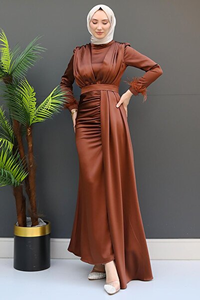 GİYZAMİLA Feathered Satin Hijab Dress Brown