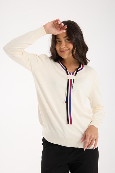 Moda Days Women's Ecru V-Neck Contrast Stripe Knit Sweater