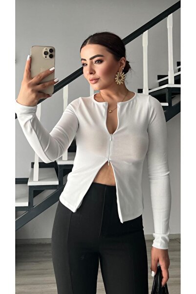 Oslove White long sleeve blouse with zipper detail