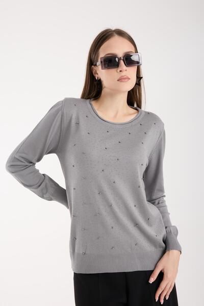 Moda Days Women's Gray U-Neck Stone and Pearl Embroidered Knitwear Sweater