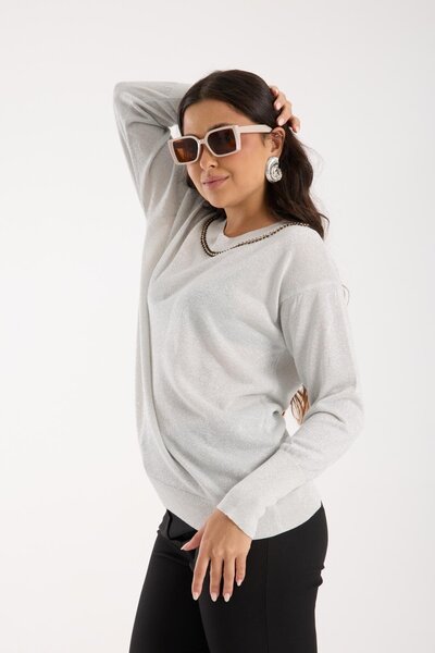 Moda Days Women's White Crew Neck Stone Stripe Glitter Knit Sweater