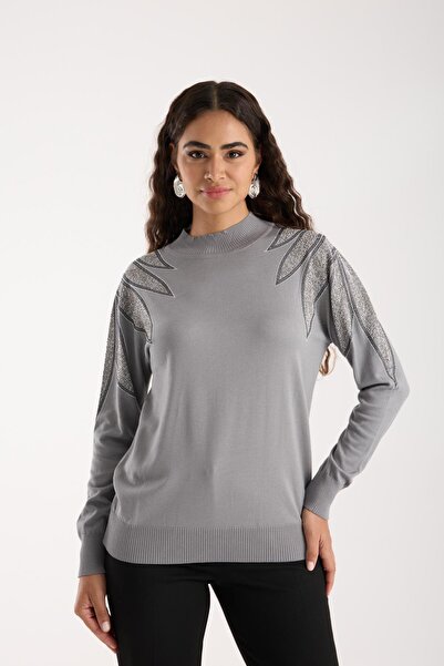 Moda Days Women's Gray Half Turtleneck Shoulder Stone Embroidered Knitwear Sweater