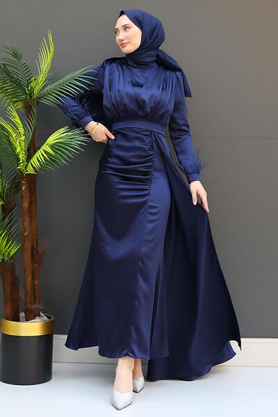 GİYZAMİLA Feathered Satin Hijab Dress Navy Blue