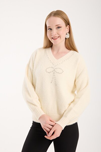 Moda Days Women's Ecru V-Neck Stone and Pearl Embroidered Knitwear Sweater