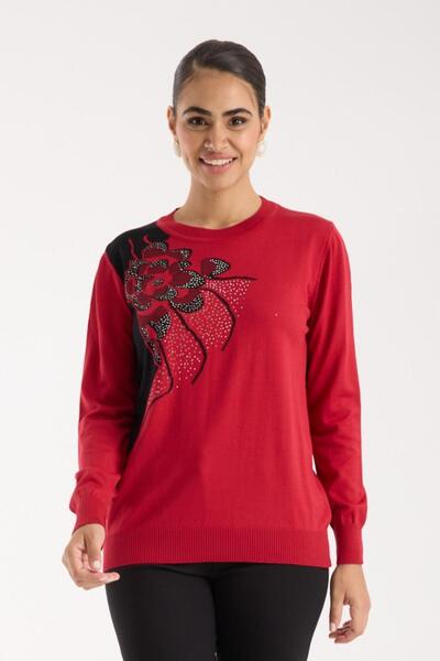 Moda Days Women's Red Crew Neck Stone Embroidered Knitwear Sweater