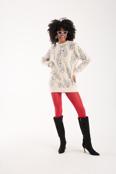 Moda Days Women's Ecru Crew Neck Leaf Patterned Knitwear Sweater
