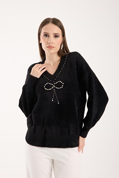 Moda Days Women's Black V-Neck Stone and Pearl Embroidered Knitwear Sweater