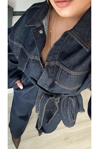 Oslove Lacivert Marka Model Belden Bağlamalı Denim Takım