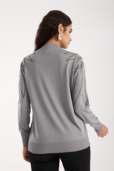 Moda Days Women's Gray Half Turtleneck Shoulder Stone Embroidered Knitwear Sweater