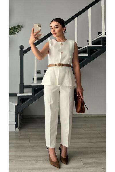 Oslove White Belted Double Crepe Trousers