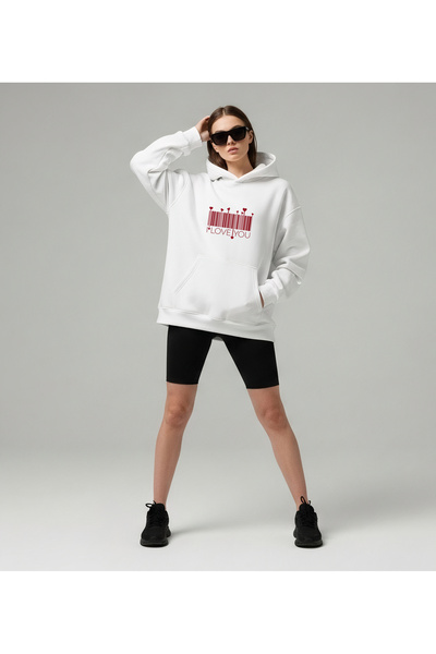 Vooya Fashion سويت شيرت بقلنسوة كبير الحجم مطبوع عليه نمط باركود