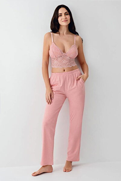 Arnetta Üçlü Ev Giyim Set, Full Dantelli, İp Askılı, Kurdele Bağlamalı, Cepli, %50 Pamuk, %50 Modal, Pembe