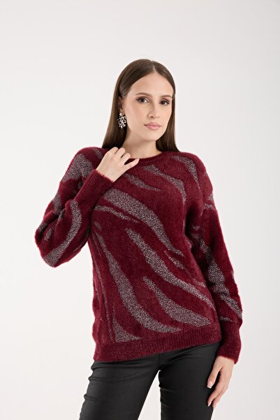 Moda Days Women's Burgundy Glitter Crew Neck Balloon Sleeve Knit Sweater