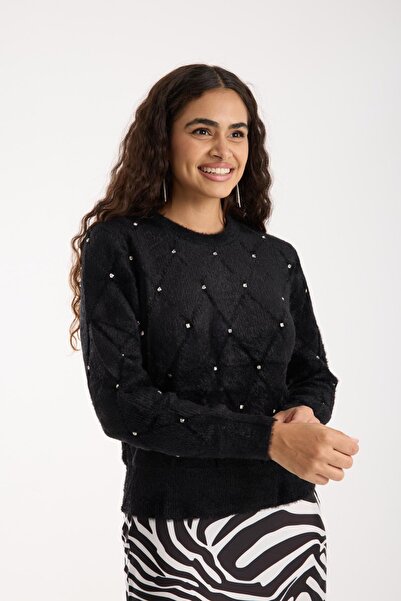 Moda Days Women's Black Crew Neck Stone Embroidered Knitwear Sweater