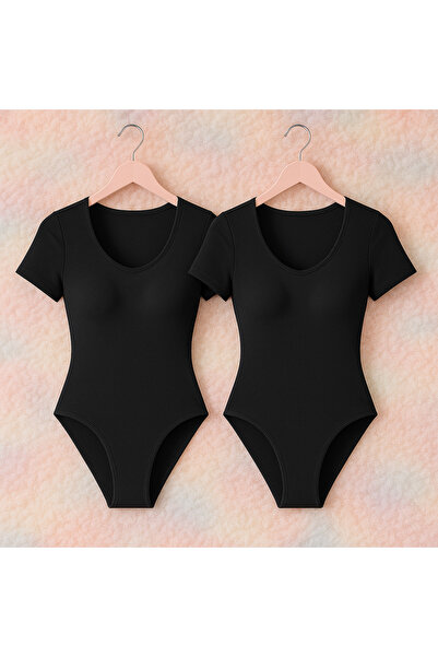 ROZELT Women's Black Cotton Short Sleeve 2-Piece Snap-On Bodysuit