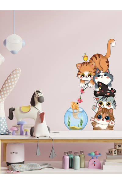 aiki Autocolant drăguț Muzur pisică și acvariu, cameră pentru copii, sticlă, autocolant de perete, 50 x 100 cm