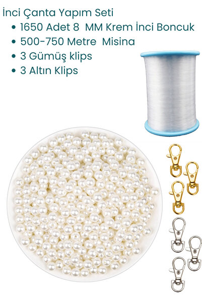 HERALDİS İnci Boncuk Çanta Yapım Seti 8 MM , İnci Çanta Misinası, Çanta Klipsi -Krem İnci Çanta Boncuk Seti