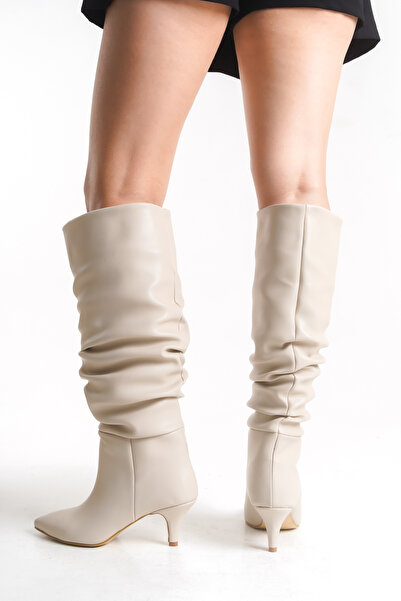 Limeo Women's Drawstring Detailed Pointed Toe Thin Heeled Beige Long Boots