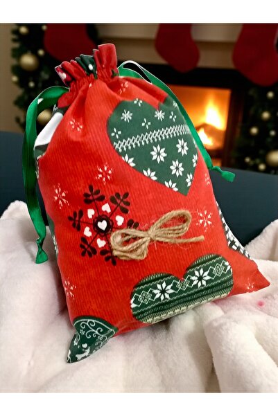 Armada Yılbaşı Temalı Kalpli Geyikli Kar Taneli Kumaş Hediye Kesesi – Kırmızı...