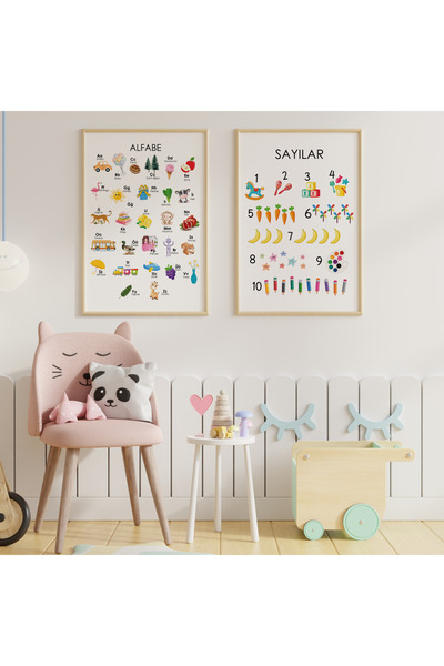 NN DECOR Eğitici Tablolar - Alfabe ve Sayılar - Doğal Ahşap Çerçeveli, Bebek ...