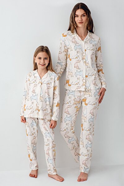 Rolypoly Anne Kız Gömlek Pijama Kombini, Kedili Pijama, Anne ve Çocuk Pijamalar Ayrı Ayrı Fiyatlandırılır