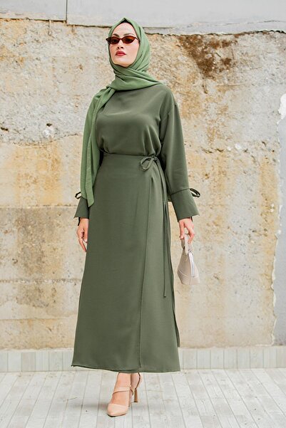 Tesettür Çarşım Krep Anvelop Bağlamalı Etek Bluz Takım-Haki