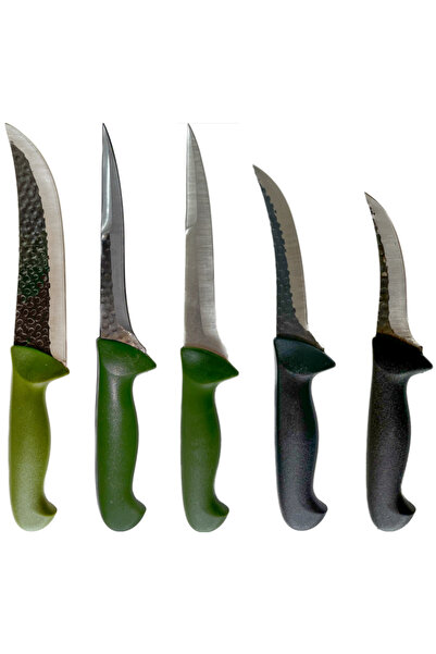OEM Set of 5 butcher knives, curved blade, double-edged blade, green, black, blade length 12 - 20 cm