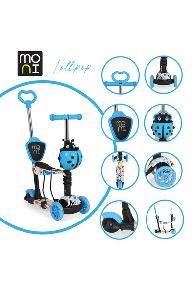 Moni Детска тротинетка 3 в 1 със седалка, трансформираща се с 3 колела, цвят ...