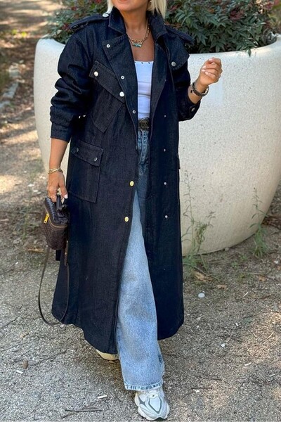 Suziş Dark Navy Denim Trench Coat with Detailing Cr4004