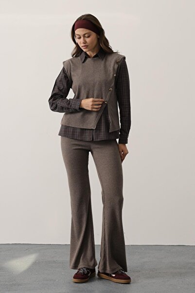Le Savu Shilsee Plaid Shirt Asymmetric Bluse Pants Set Vison