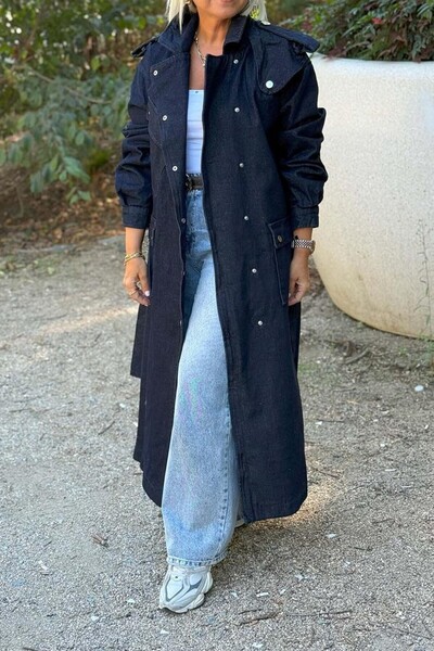 Suziş Dark Navy Denim Trench Coat with Detailing Cr4004