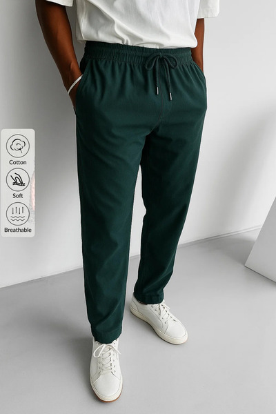 COMBİNE MİCHAİL Men's Khaki Loose Linen Trousers with Elastic Waist