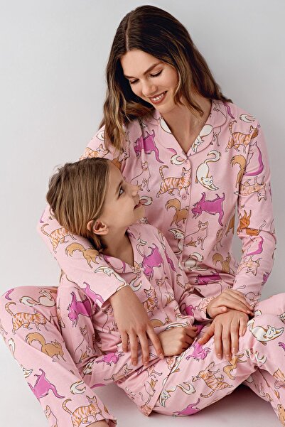 Rolypoly Anne Kız Gömlek Pijama Kombini, Kedili Pijama, Anne ve Çocuk Pijamalar Ayrı Ayrı Fiyatlandırılır