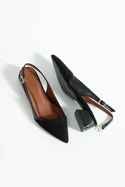 DUXAL SHOES Callista Black Matte Front Black Satin Ankle Belt Detailed Pointed Toe Short Heeled Women's Ballerinas