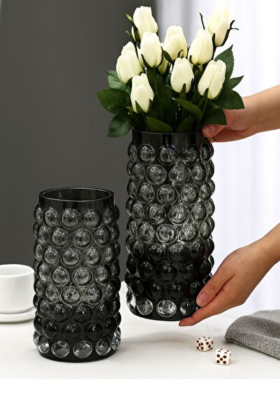 sahane & bazaar FÜME RENK BENEKLİ CAM VAZO DEKOR AKSESUAR