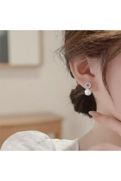 HOBİSY GIFT SHOP Zirkon Taşlı İnci Küpe – Zarif Çelik Küpe, Düğün ve Davet İçin Işıltılı Kadın Takısı | Gümüş Renk