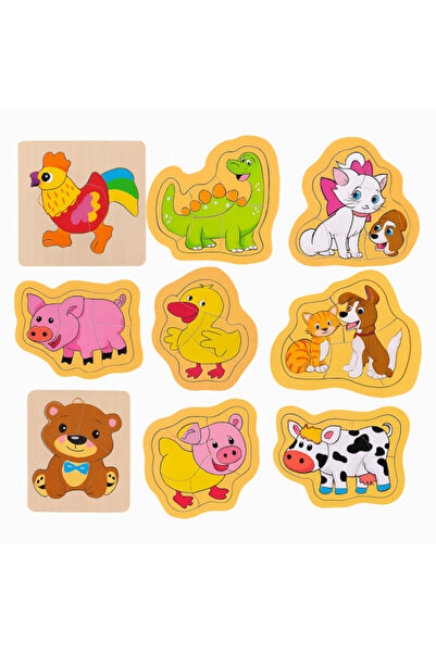 Cangaroo Set 8 puzzle-uri din lemn pentru copii 3-5 ani – Animale și dinozaur...