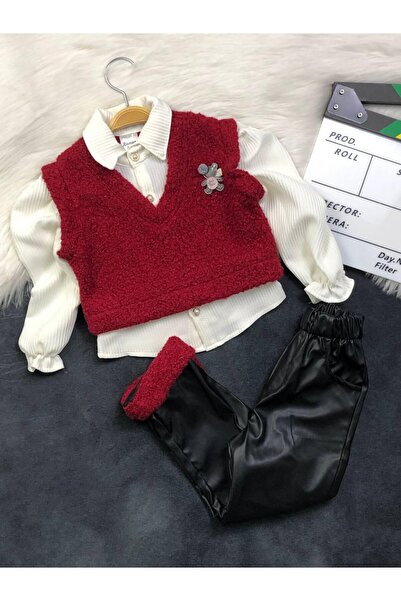 zavera for kids Kız Çocuk İkili Takım - Yelekli Gömlek ( Tek Parça ) - Deri Pantolon - Kışlık Şık Kombin