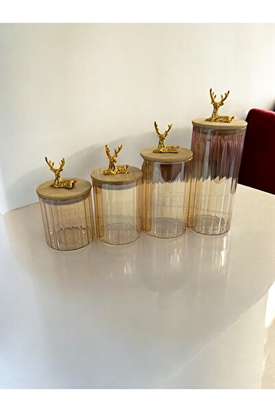 RİVO HOME DECOR 4-Piece Smoked Glass Jar with Bamboo Lid and Deer Figure 630 Ml-730 Ml-950 Ml-1100 ml